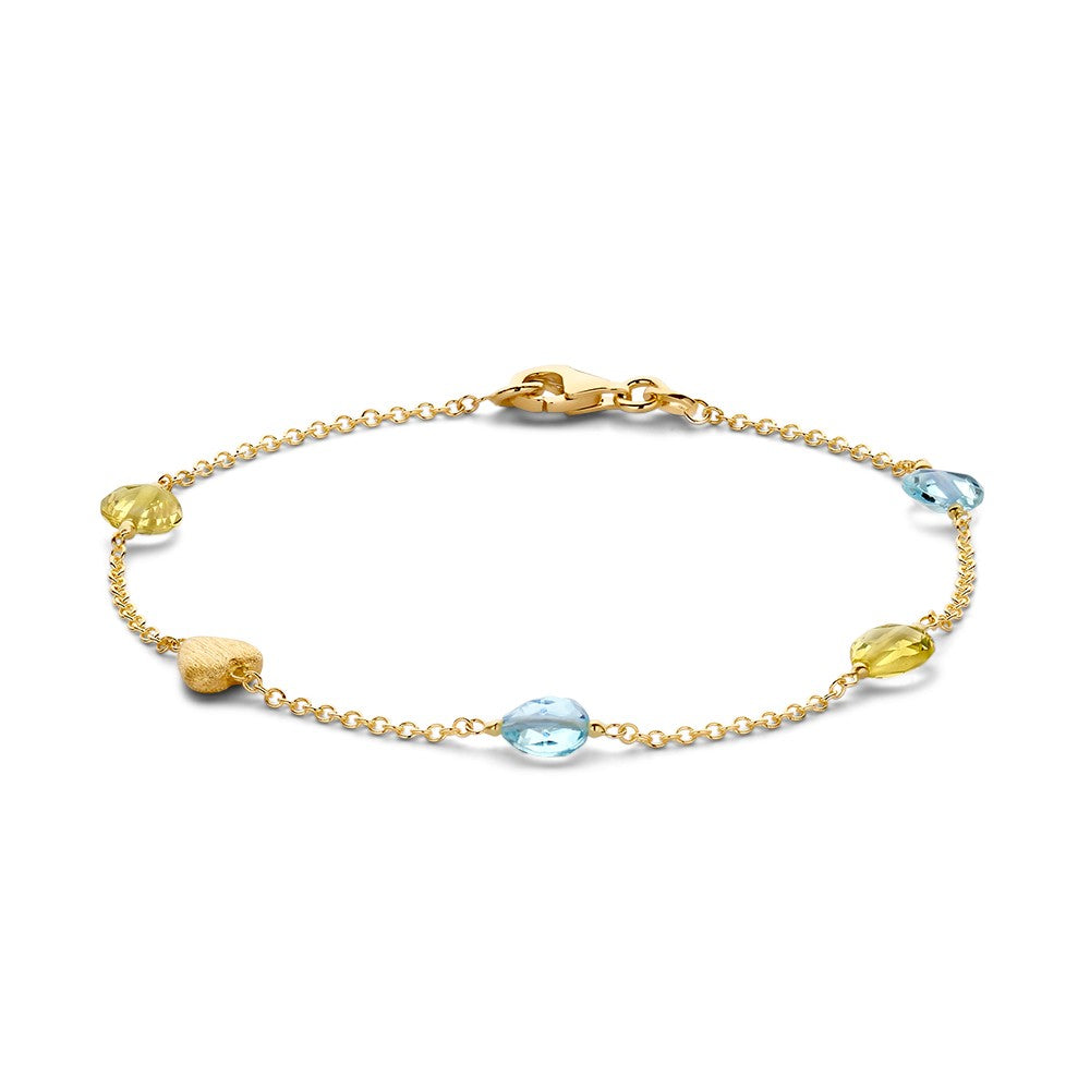Bracciale in oro giallo con quarzo limone e topazio blu, lunghezza 19 cm.