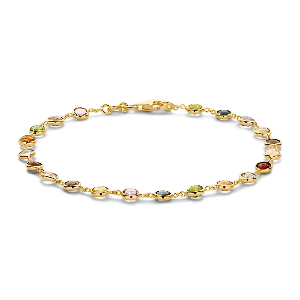 Bracciale in oro giallo con pietre preziose multicolori, forma ovale.