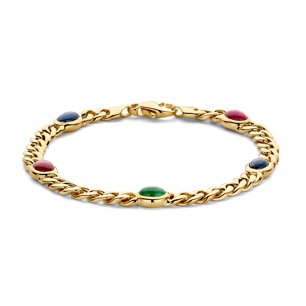 Bracciale in oro giallo con pietre preziose colorate, design a catena.