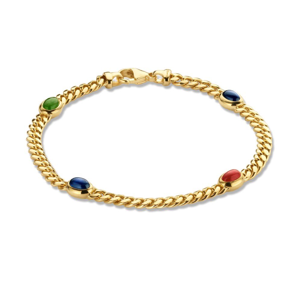 Bracciale in oro giallo con rubino, zaffiro e smeraldo, lunghezza 19 cm.