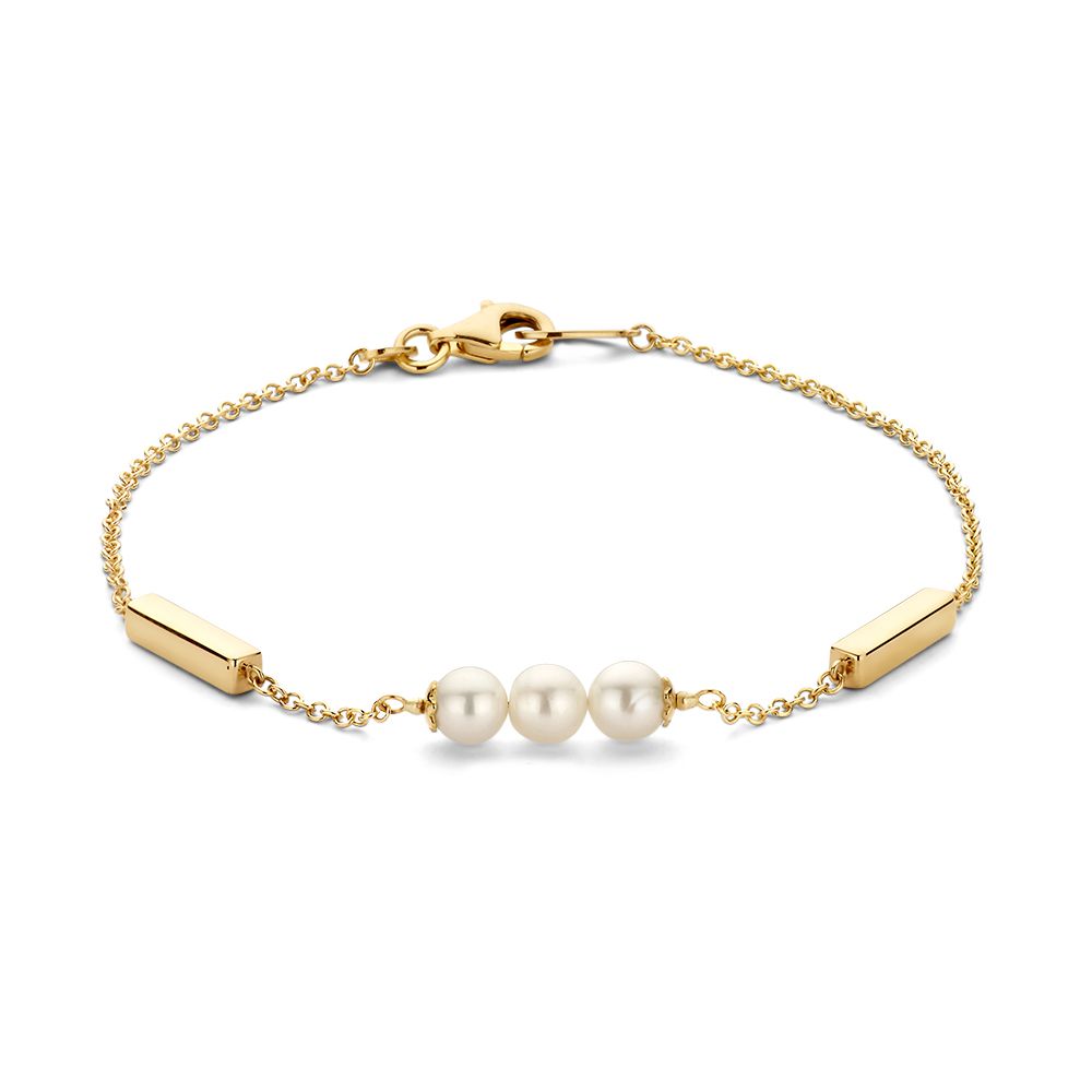 Bracciale in oro giallo con barre e perle di acqua dolce, lunghezza 19 cm.