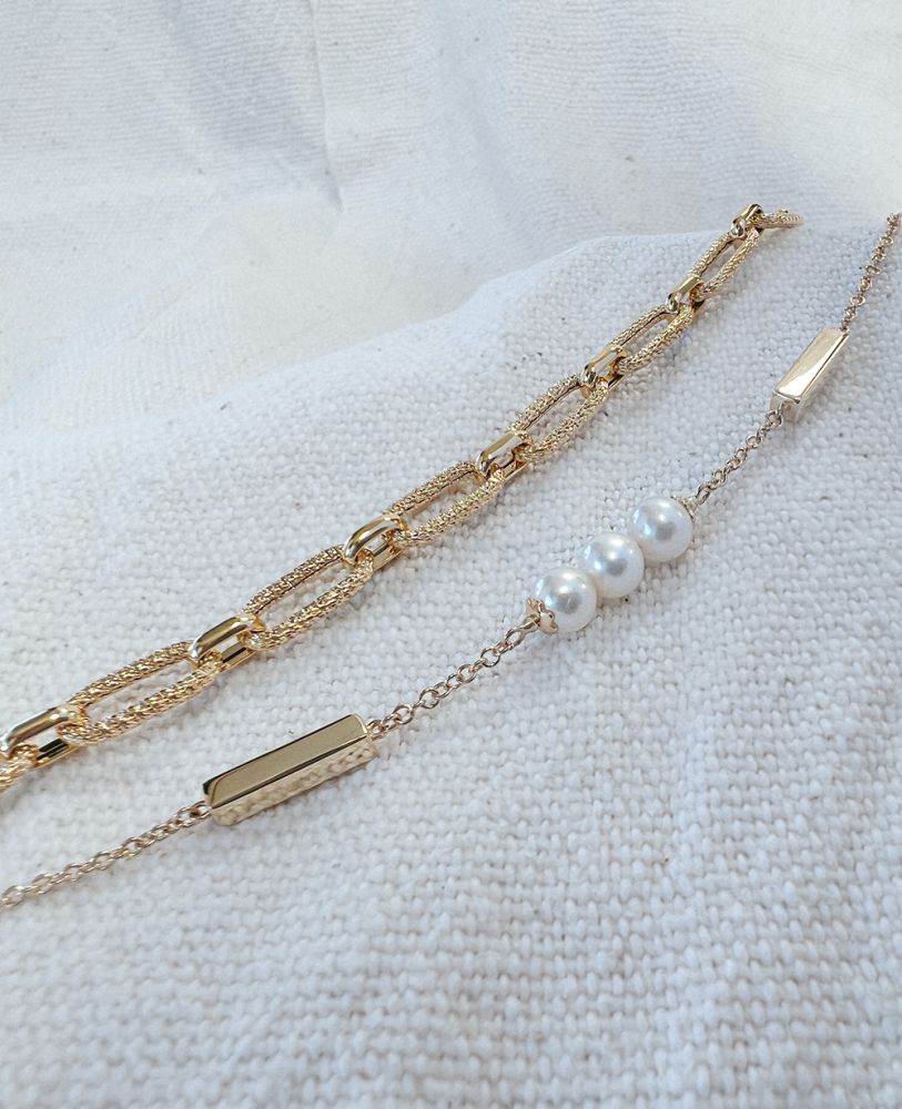 Bracciale in Oro Giallo con Barrette e Perle d'Acqua Dolce – Bracciale da Donna 14 Carati 19 cm