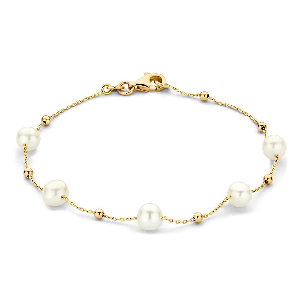 Bracciale in oro giallo con perle e pallini dorati, lunghezza 19 cm.