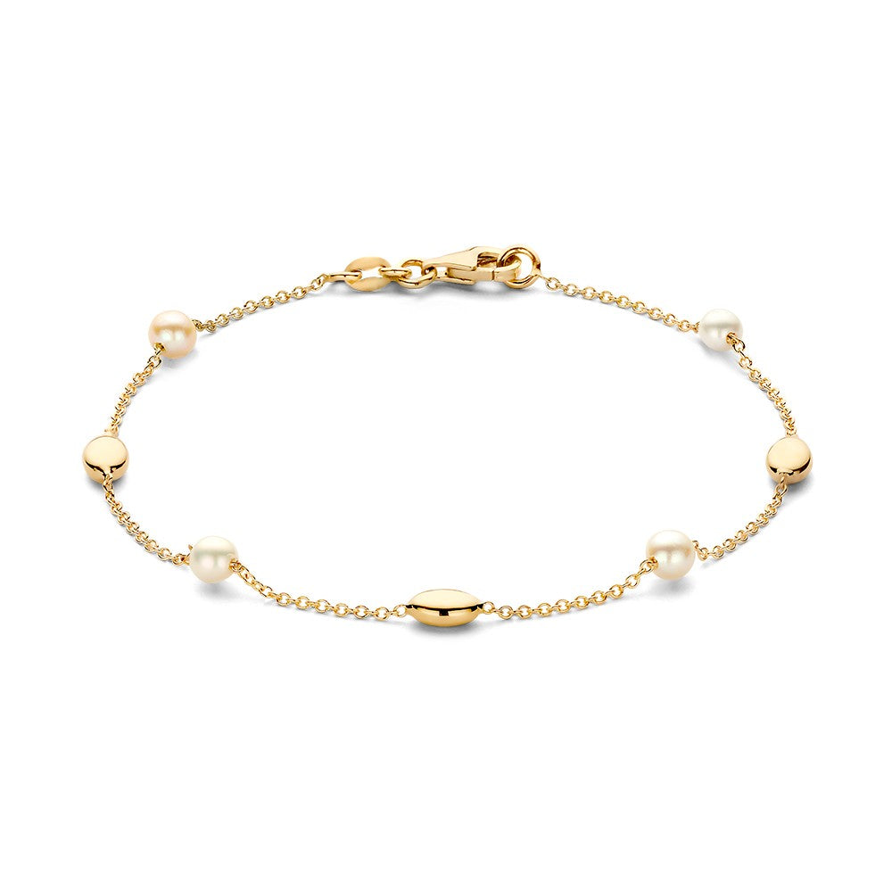 Bracciale in oro giallo con perle e elementi dorati, lunghezza 19 cm.