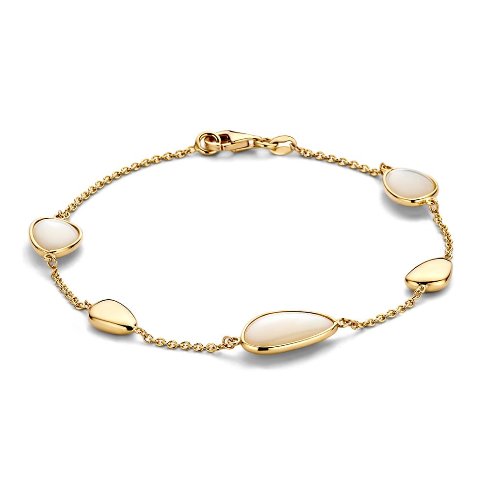 Bracciale in oro giallo con elementi dorati e dettagli in madreperla, lunghezza 19 cm.
