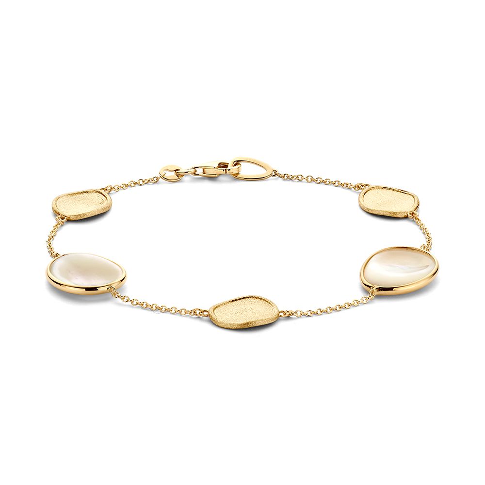 Bracciale in oro giallo con elementi opachi e perla madreperlacea, design con cinque pietre.