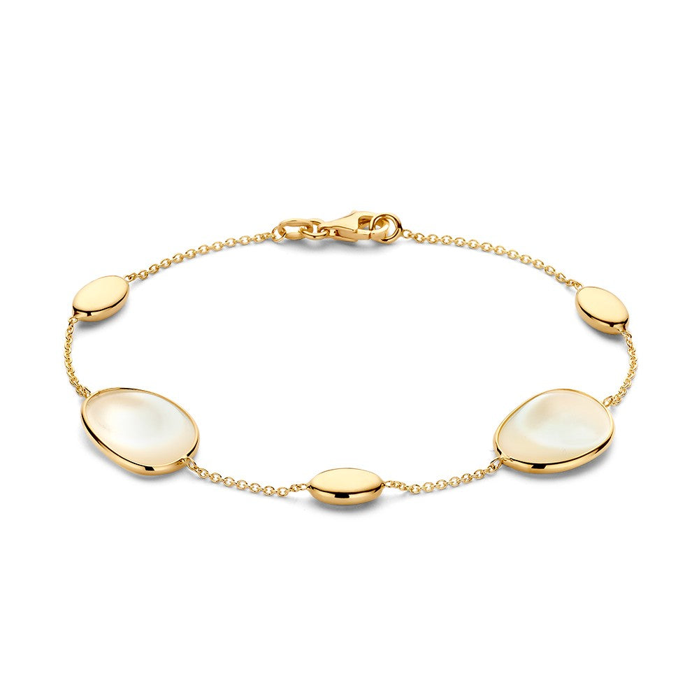 Bracciale in oro giallo con elementi in madreperla, composto da ovali e cerchi.
