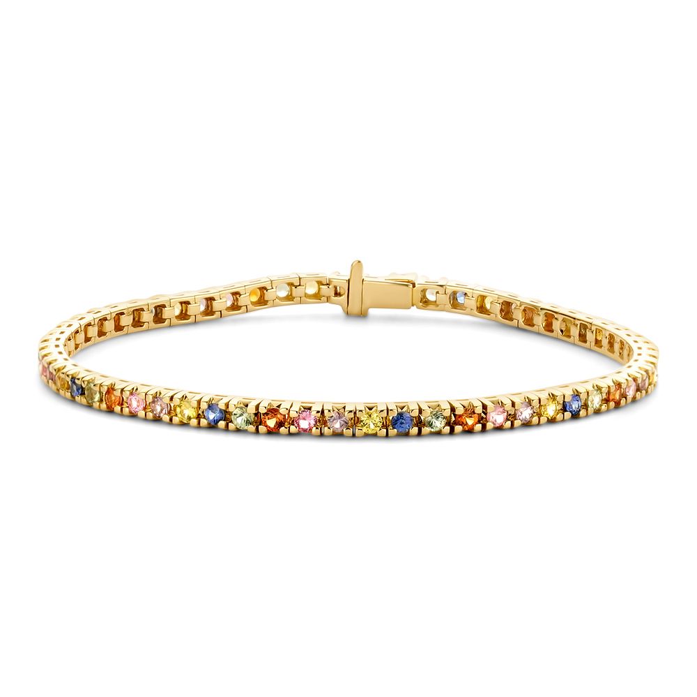 Bracciale in oro giallo con zaffiri arcobaleno, 14 carati, con chiusura a scatto.