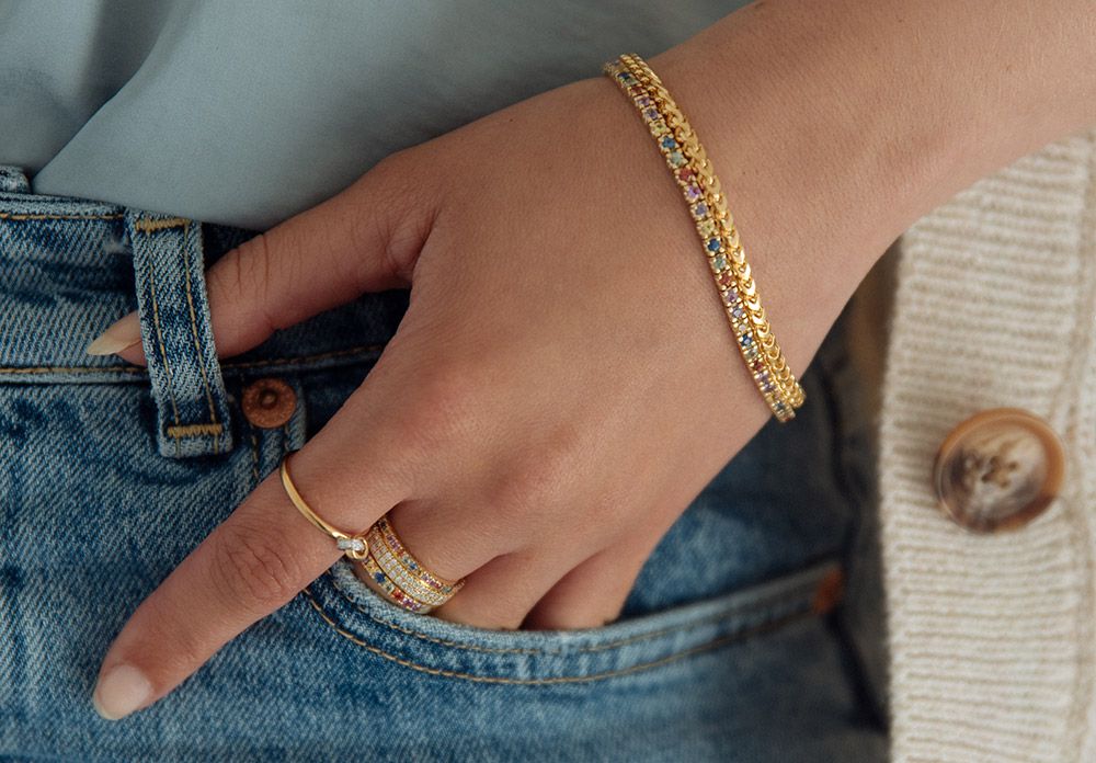 Bracciale Tennis in Oro Giallo con Zaffiri Arcobaleno – Bracciale da Donna 14 Carati 3.65 ct