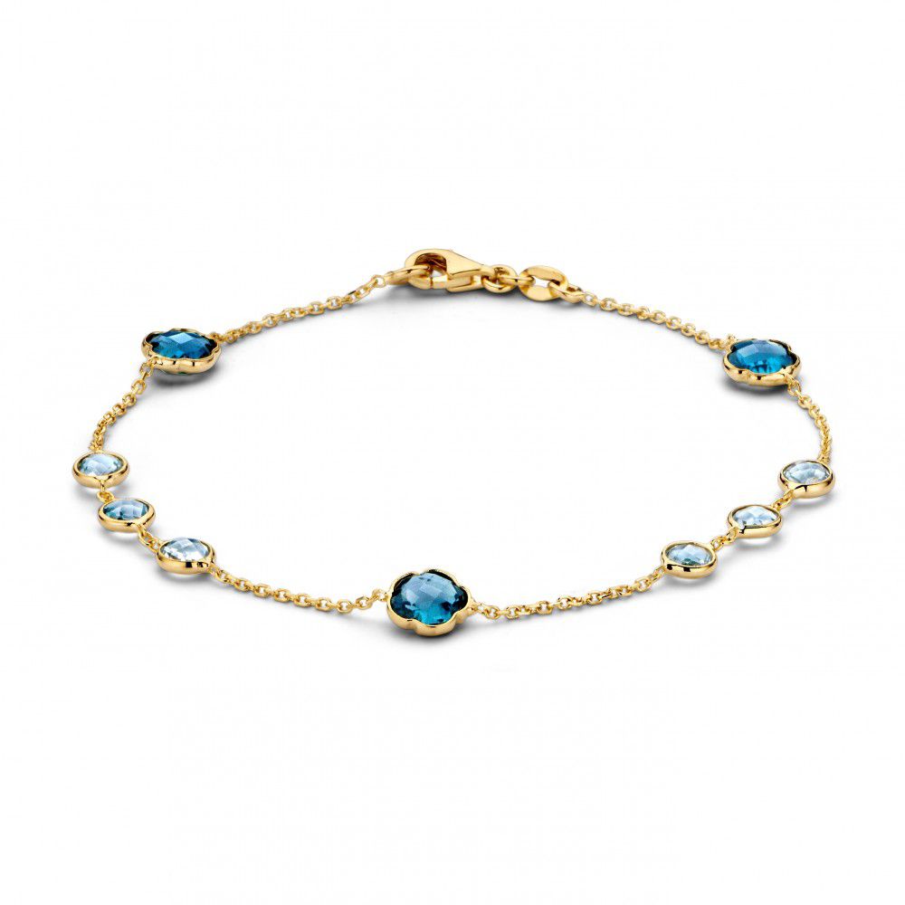 Bracciale in oro giallo 14 carati con topazi blu, lunghezza 19 cm.