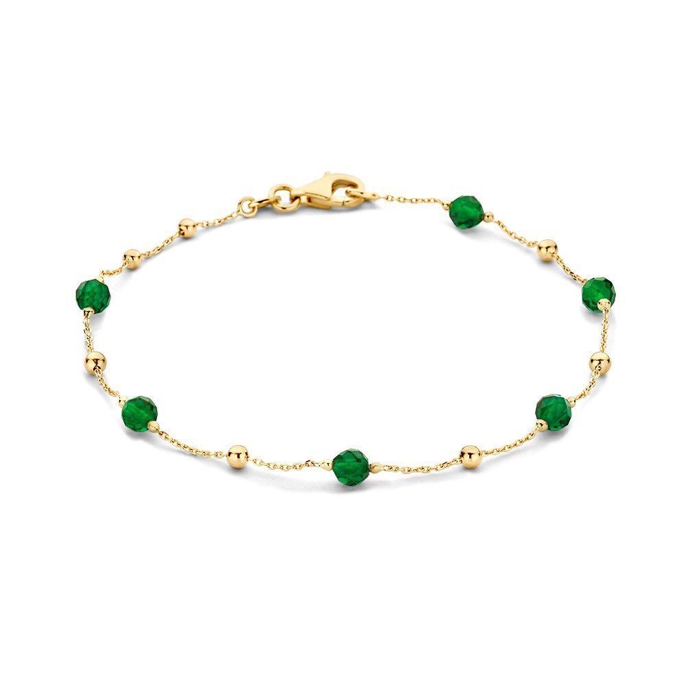 Bracciale in oro giallo con sfere di zirconia verde scuro, lunghezza 19 cm.