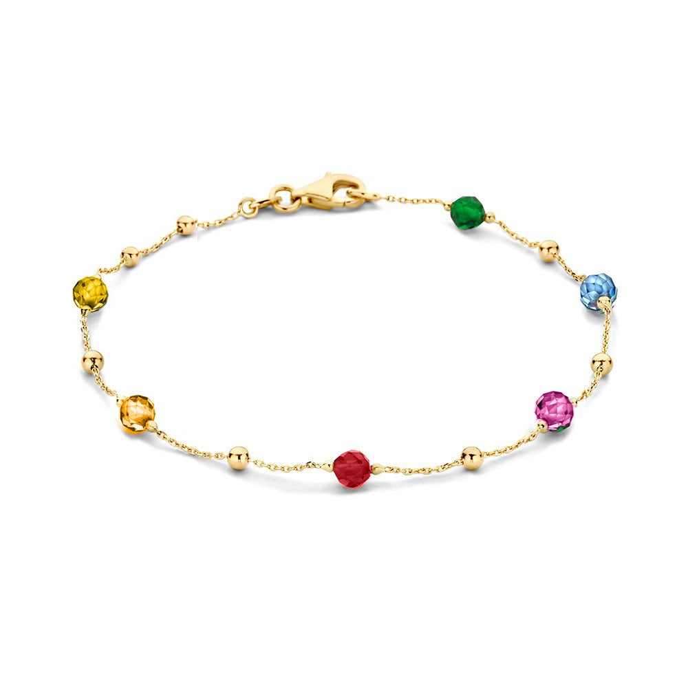 Bracciale in oro giallo con zircone colorati e sfere dorate.