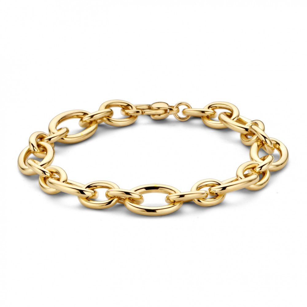 Bracciale in oro giallo 14 carati, lunghezza 20 cm, larghezza 10 mm, con maglie ovali lucide.