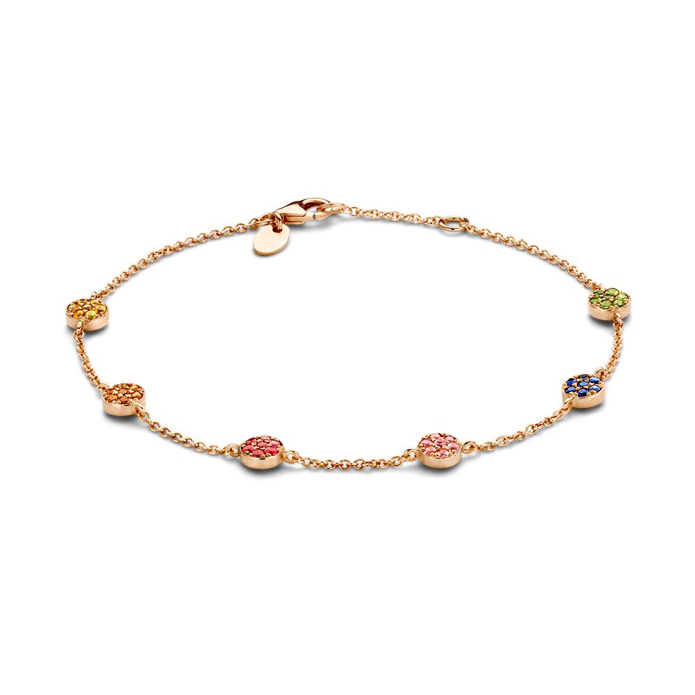Bracciale in oro rosa con zaffiri arcobaleno, composto da charm rotondi e una delicata catena.