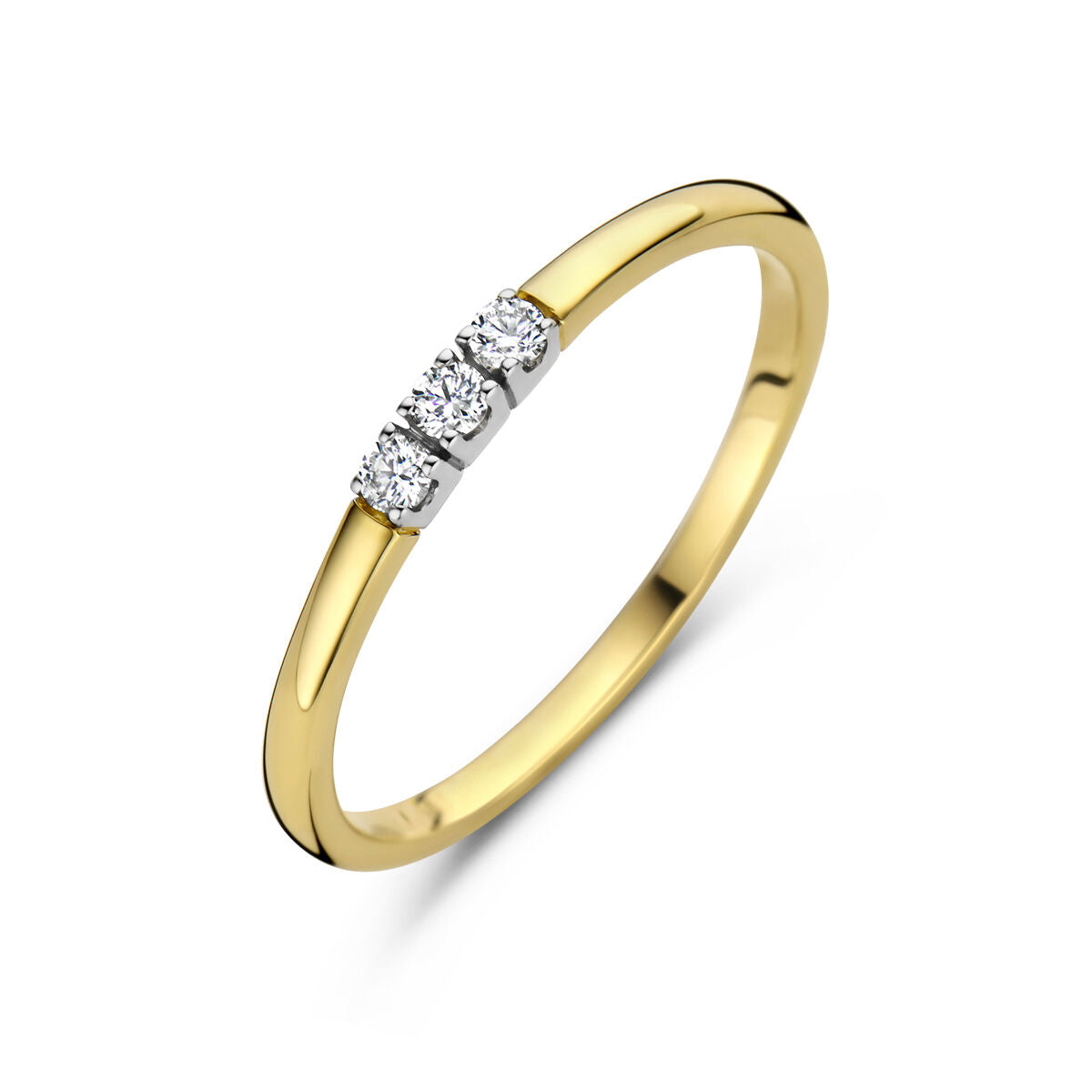 Anello in oro bicolore giallo e bianco con tre diamanti da 0,09 ct.