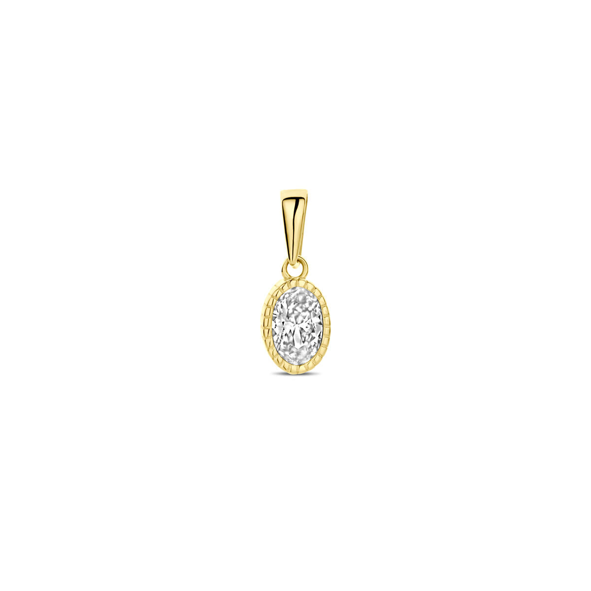 Ciondolo ovale in oro giallo 14K con zirconi, diametro di 13,5 mm.