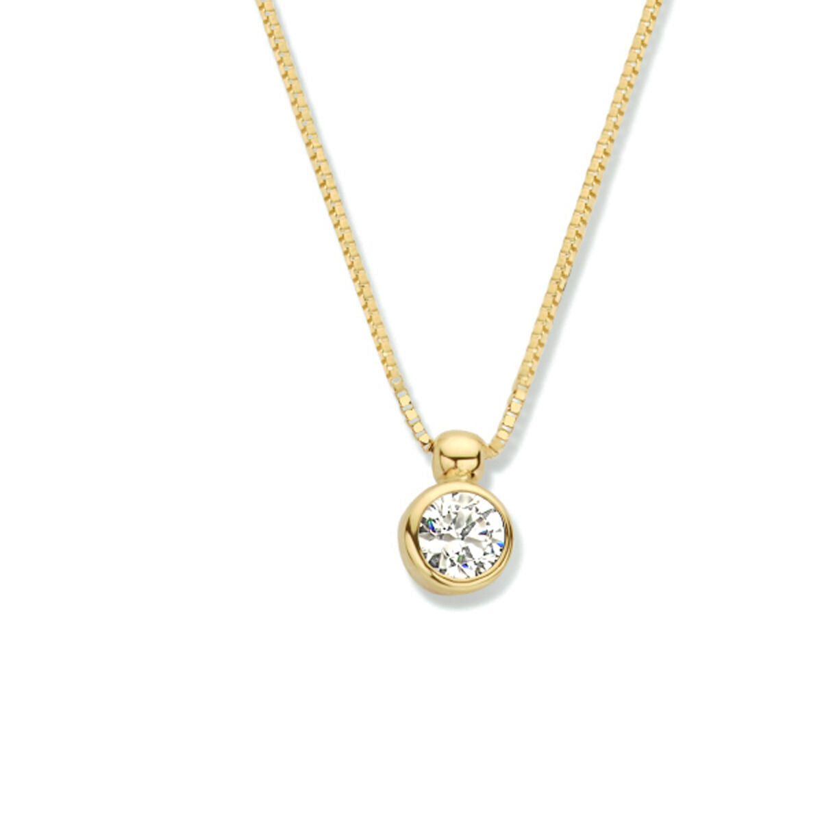 Collana in oro giallo 14K con pendente rotondo e zircone.