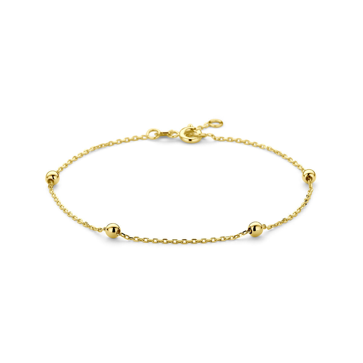 Bracciale in oro giallo 14K con ancore e pallini di 1,0 mm, lunghezza 17,5 - 18,5 cm.