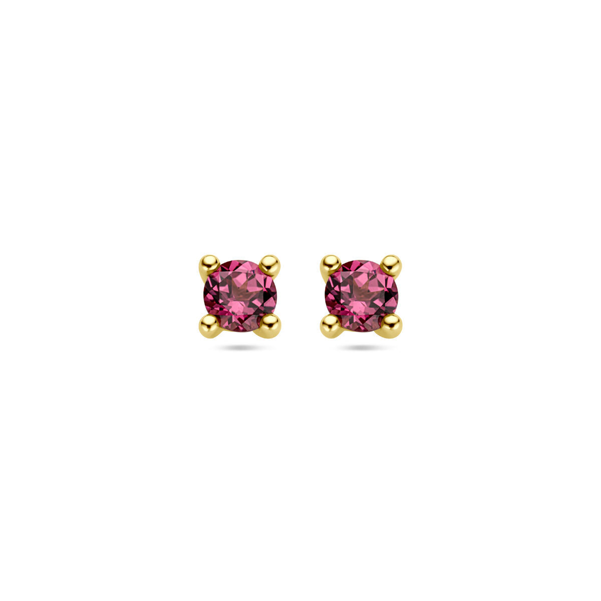 Orecchini in oro giallo 14K con pietre di rodolite rosa rotonde.