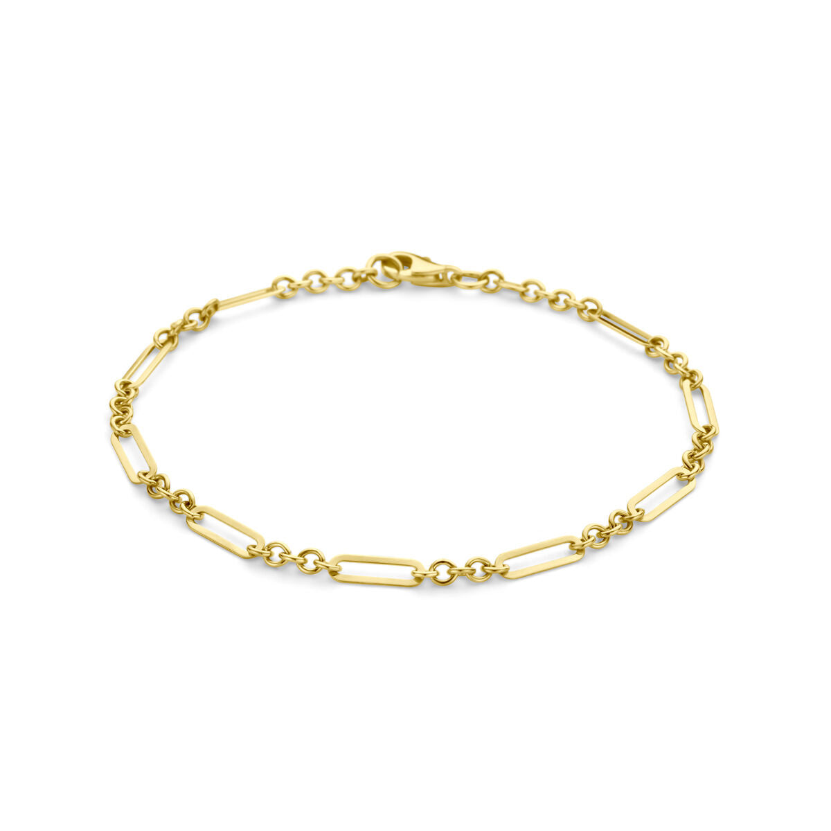 Bracciale in oro giallo 14K con maglie rettangolari e chiusura a moschettone.