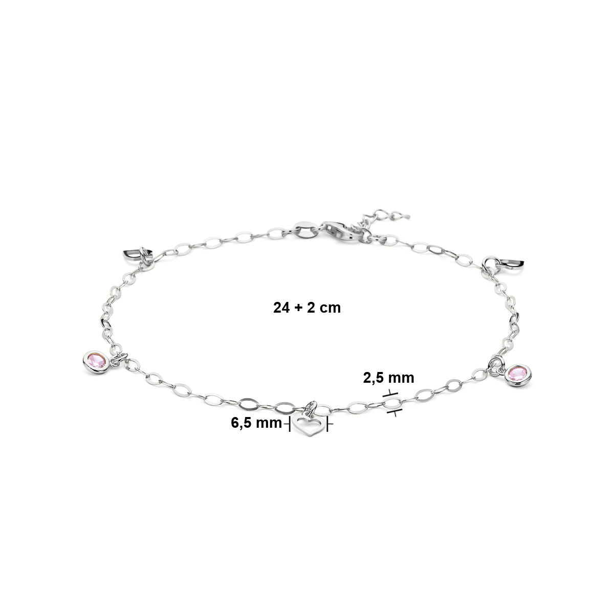 cavigliera in argento cuore e zirconia rosa 24 + 2 cm