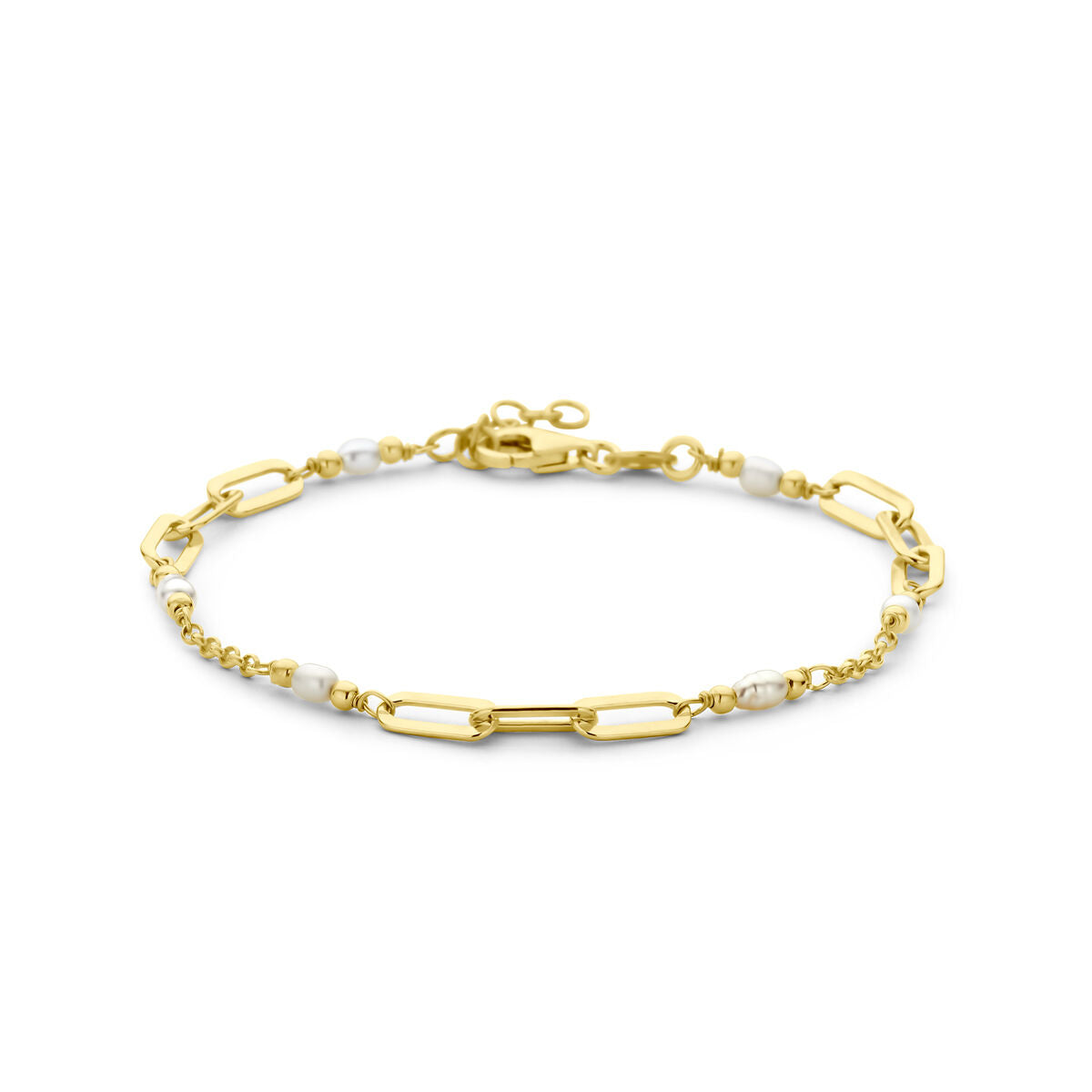 Bracciale in argento dorato con perle, lunghezza 17 + 2 cm, design delicato.
