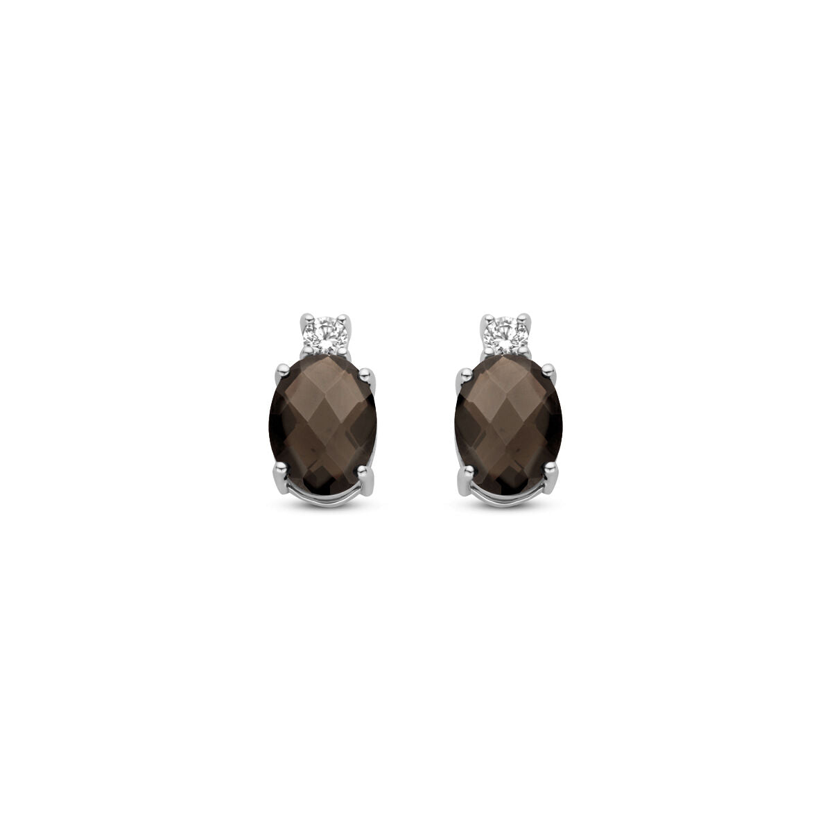 Orecchini in argento rodiato con quarzo fumé e zirconi, forma ovale, misura 10,5 mm.
