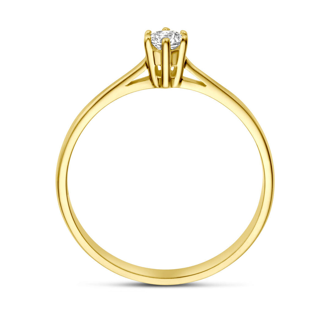 De Van der Kooij Collectie ring zirkonia 14K geelgoud heeft een ronde solitaire zirkonia in een zetting met vier pootjes, met een verhoogde steen en een slanke, gepolijste band voor een elegante uitstraling.