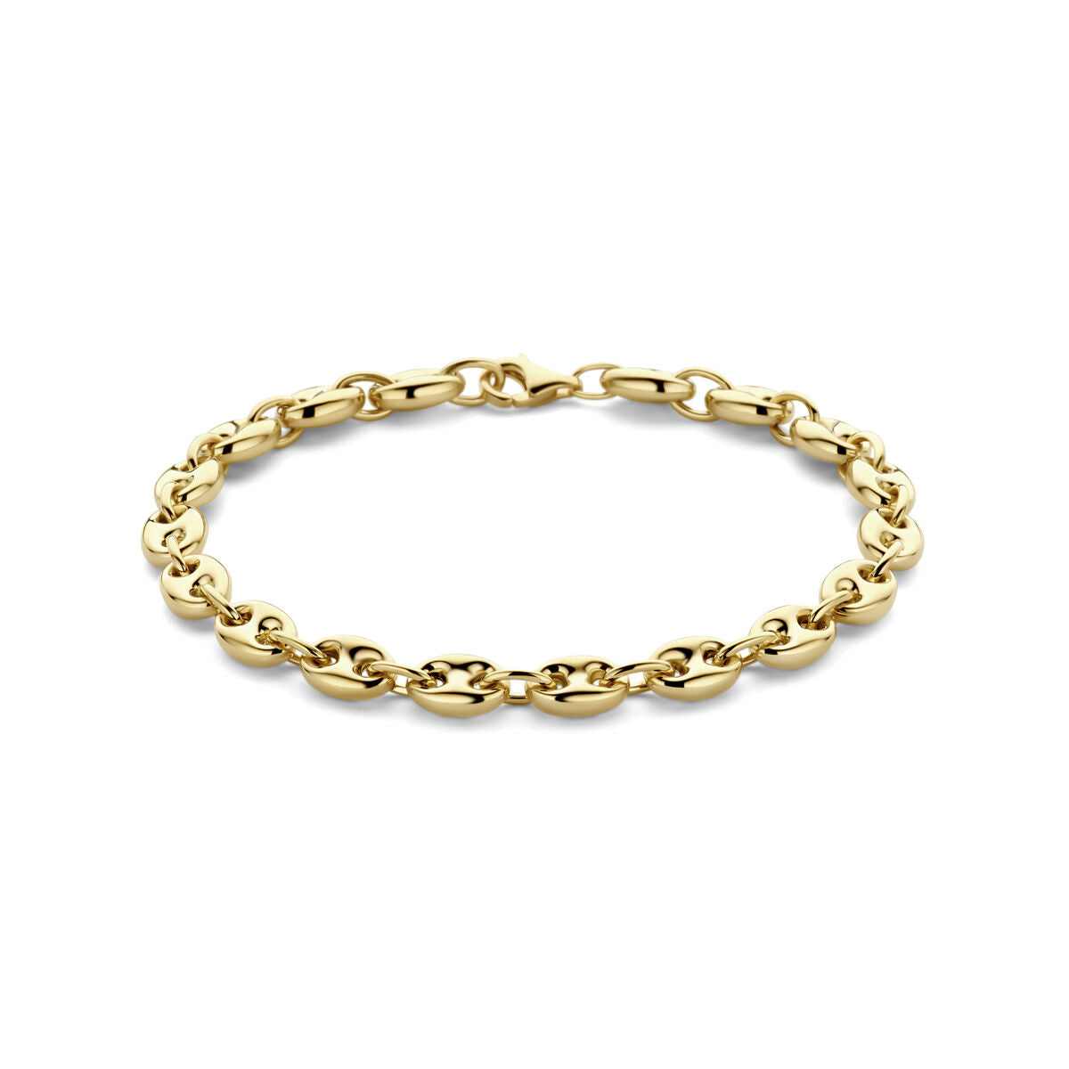 Bracciale in oro giallo 14K con maglie a forma di chicco di caffè, lungo 19 cm.