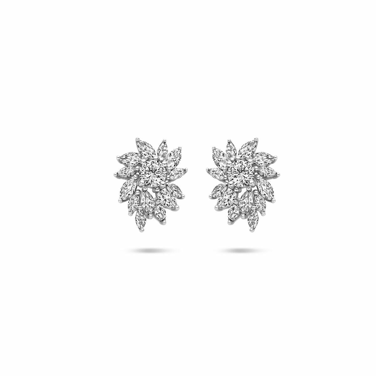 Orecchini in argento rodiato con zirconi, forma a foglia, diametro di 18 mm.