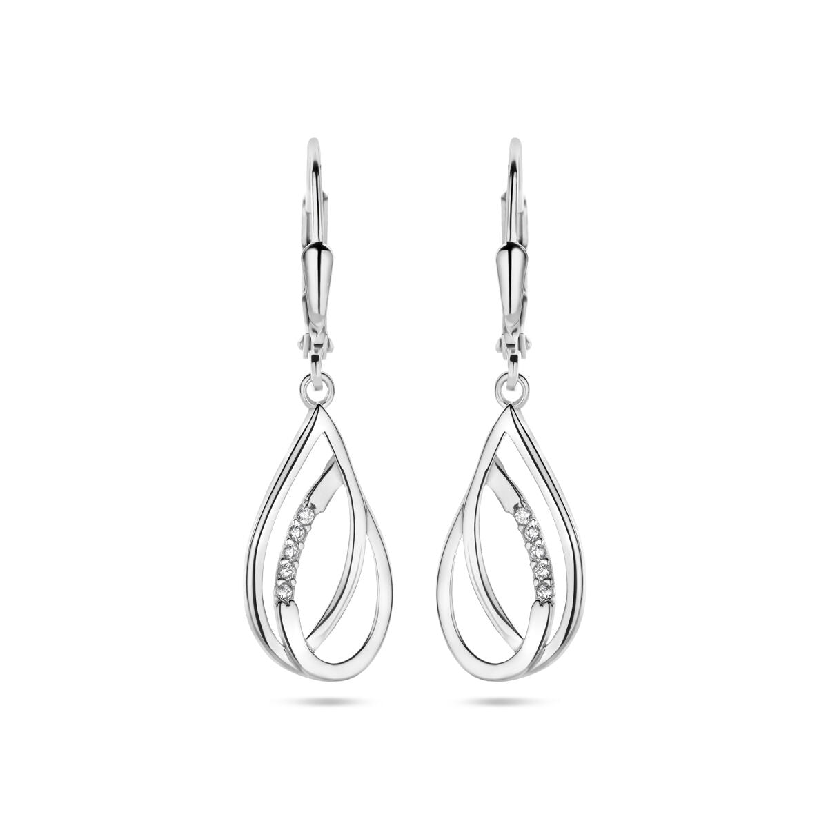 Orecchini pendenti a catena in argento rodiato con zircone a forma di goccia.