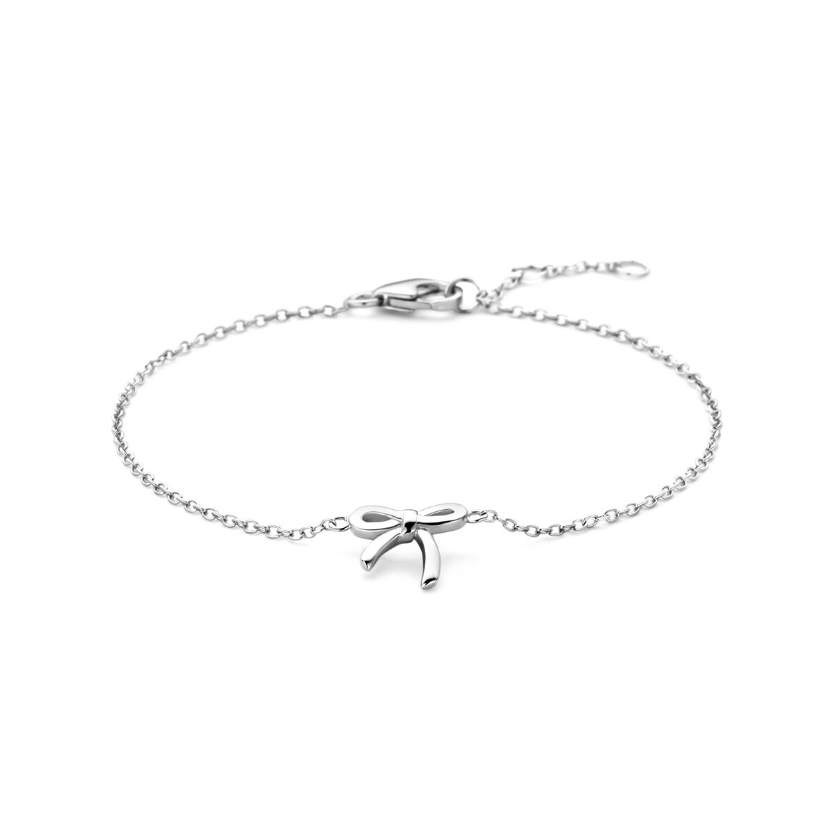 Bracciale in argento rodiato con charm a forma di fiocco, lunghezze 16-17-18 cm.