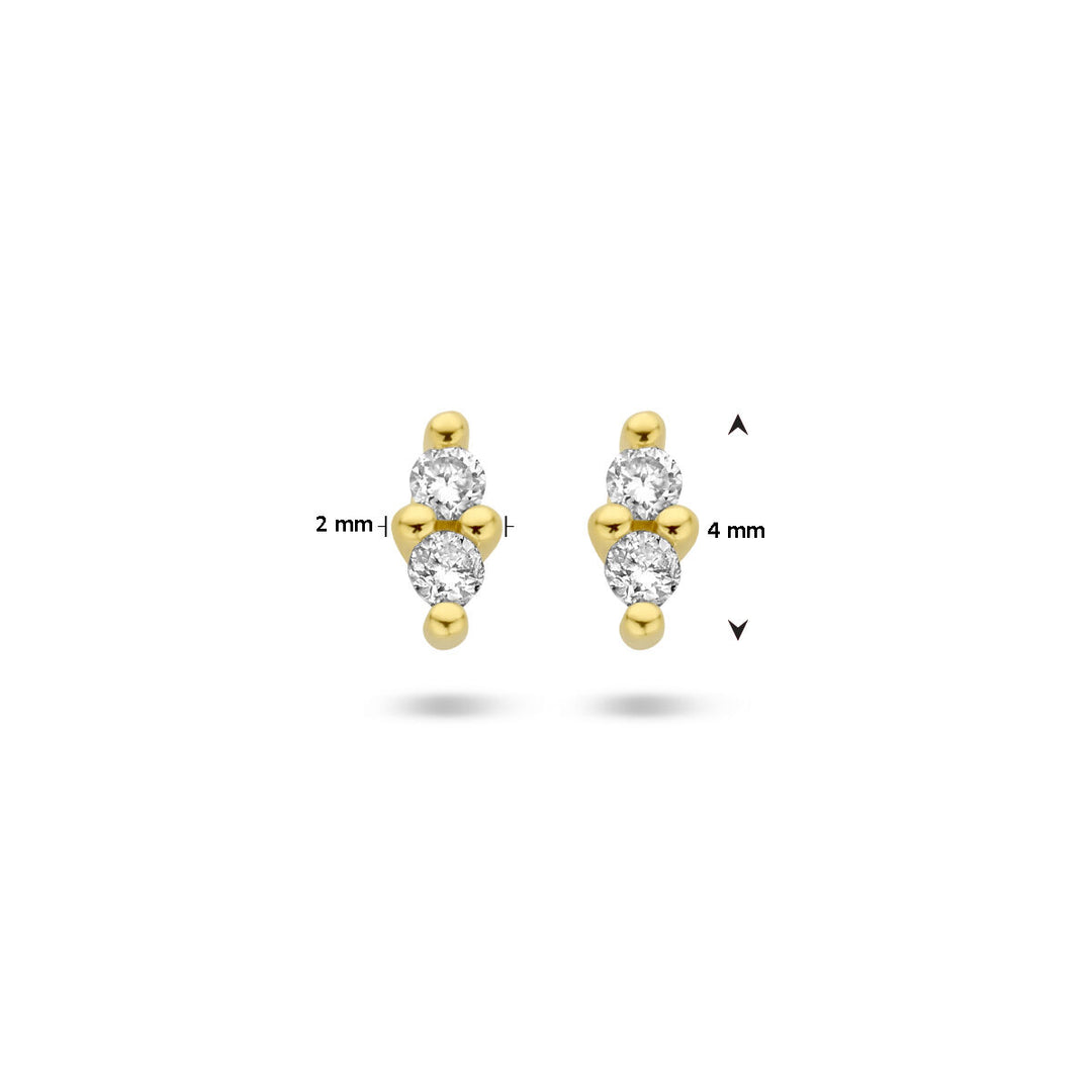 Van der Kooij Collectie oorknoppen diamant 0.04ct (2x 0.02ct) h p1 in 14K geelgoud: elegante damesoorbellen met drie ronde diamanten in een trio, ca. 2 mm breed en 4 mm hoog.