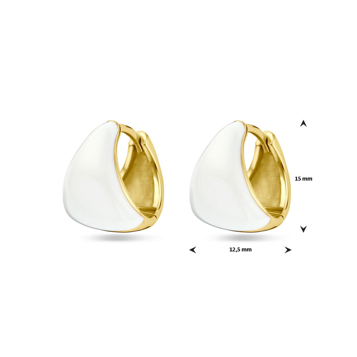 Van der Kooij Collectie klapoorringen wit emaille 15 mm zilver verguld (geel): gouden en witte driehoekige oorringen (925 zilver), gladde afwerking, scharniersluiting, 15 mm hoog x 12,5 mm breed.