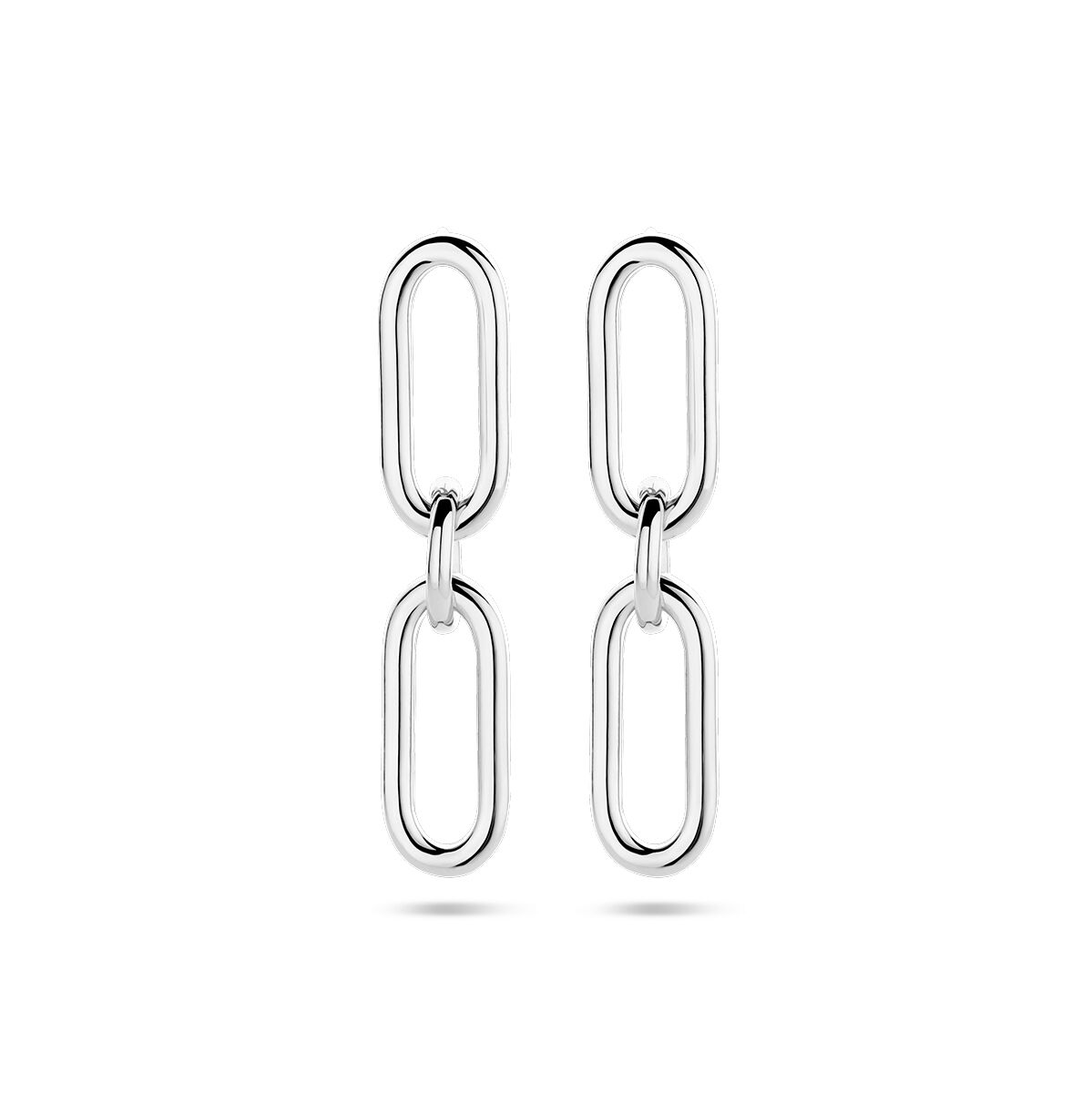 Orecchini pendenti a catena in argento rodiato con forma di clip di carta.