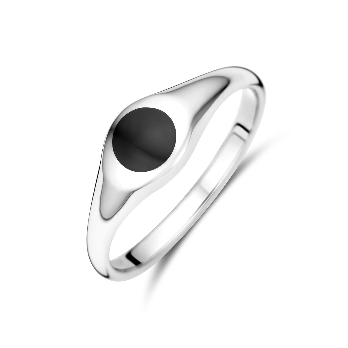 anello in argento rodiato con onice nero, forma ovale e finitura lucida