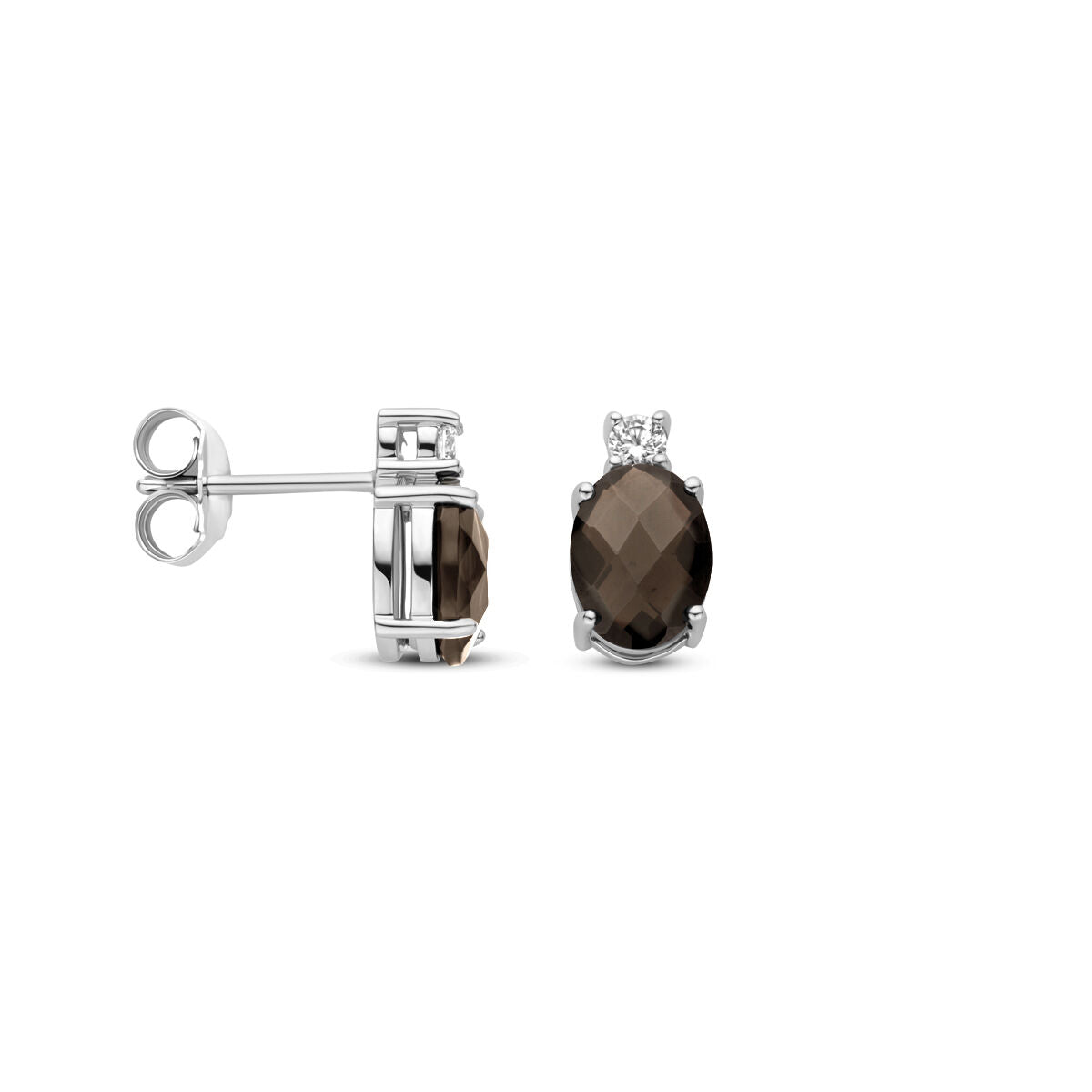 Orecchini a bottone quarzo affumicato e zircone 10,5 mm argento rodiato