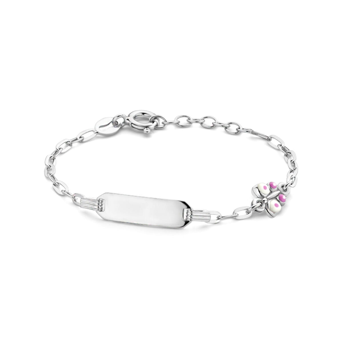 Bracciale per bambini in argento rodiato con placca e charm a forma di farfalla con dettagli rosa.