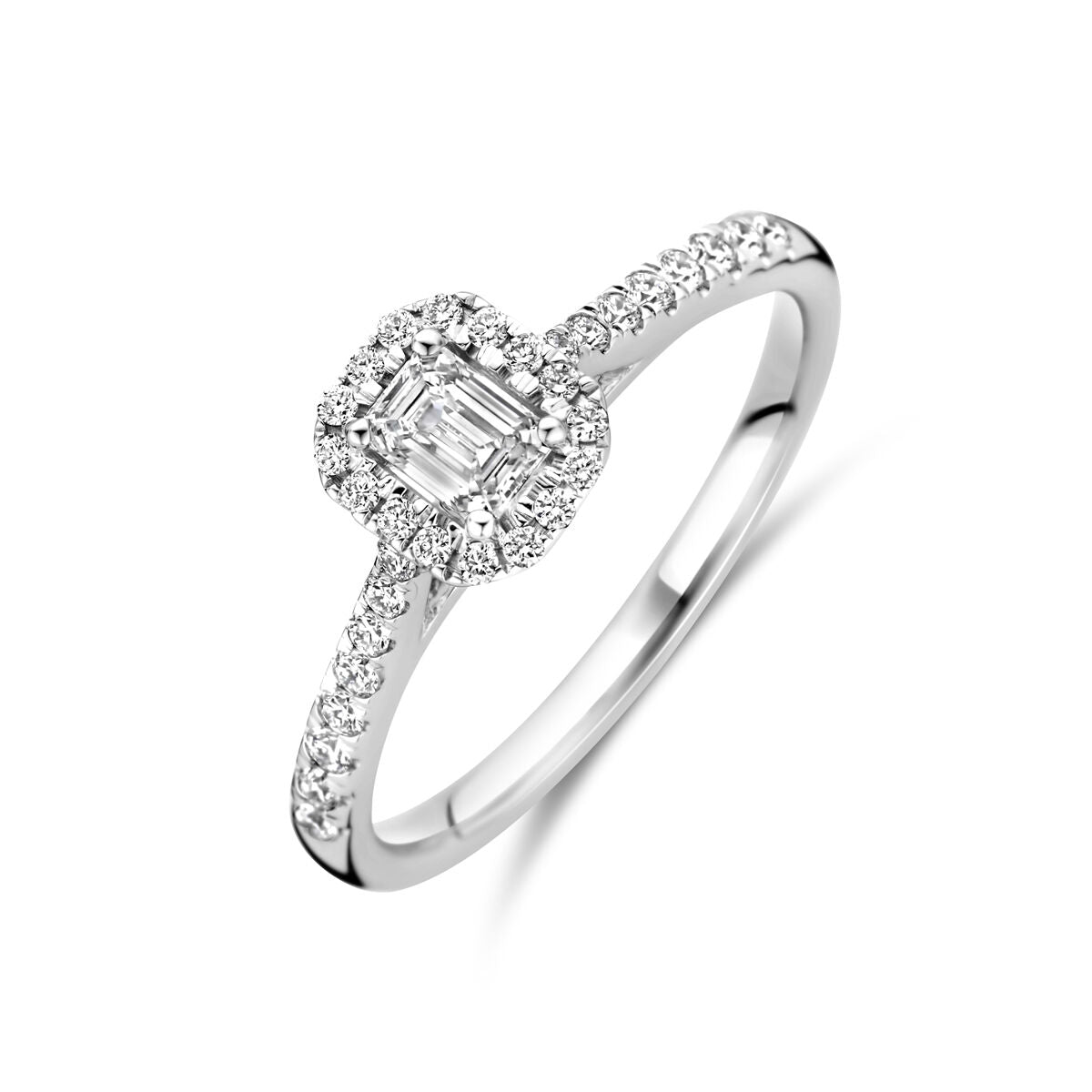 Anello in oro bianco 14K con diamante lab-grown di 0,48 ct, incastonato in un design a halo.