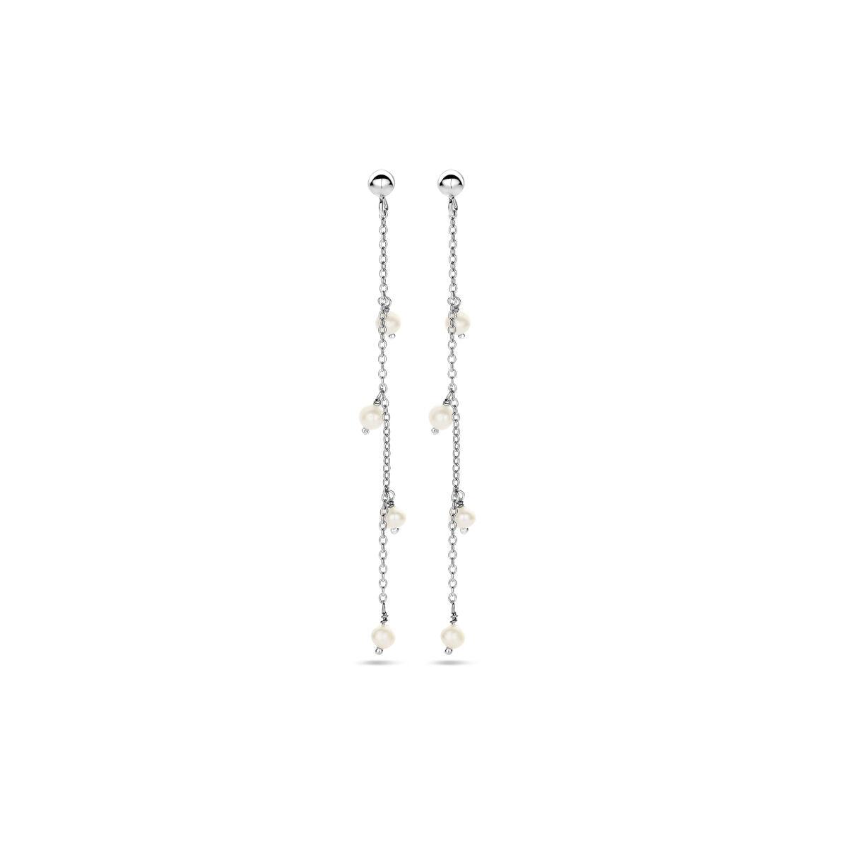 Orecchini pendenti in argento rodiato con perle bianche.