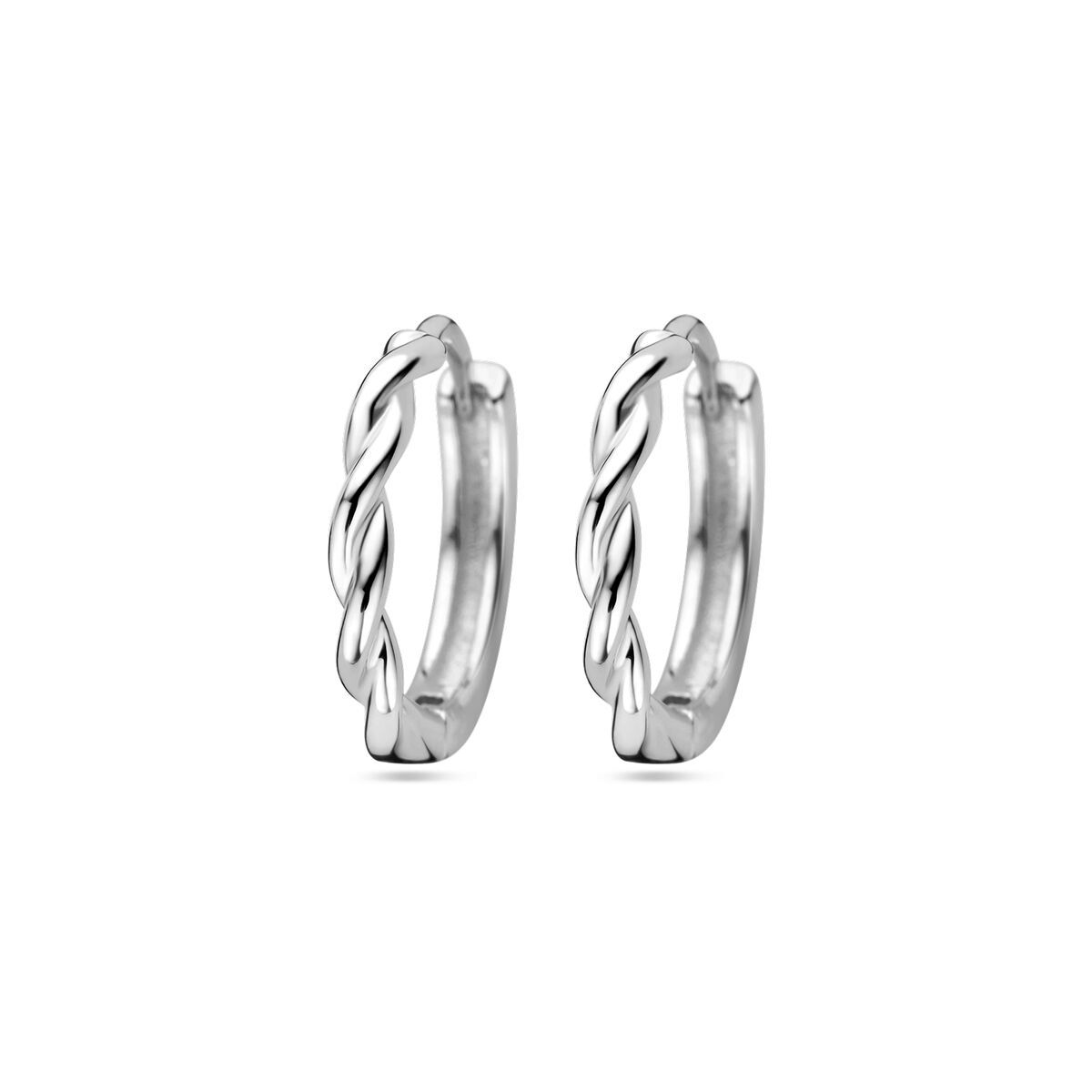 Orecchini alla creola in argento rodiato con design a tubo intrecciato.