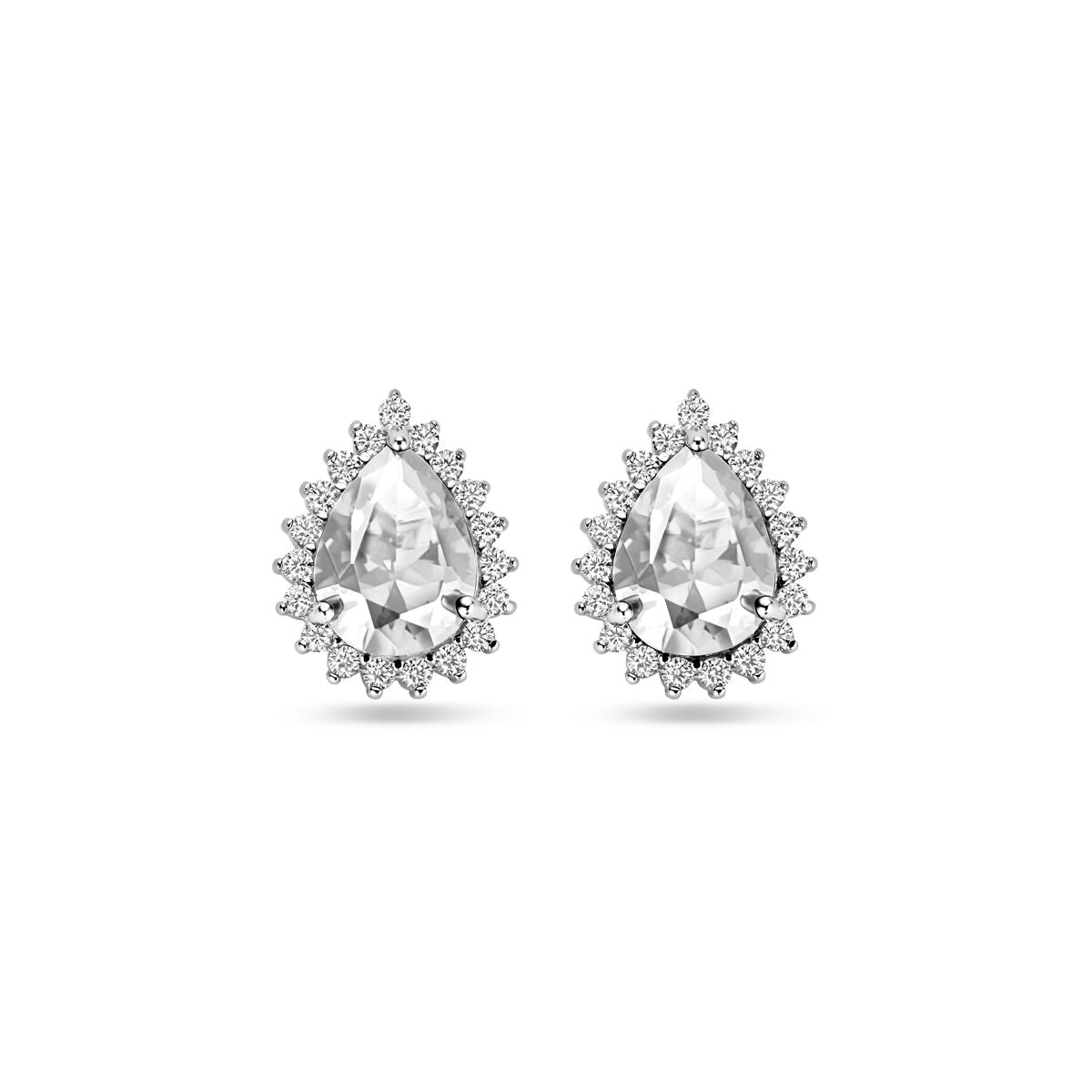 Orecchini in argento rodiato con zirconi, forma a goccia e dettagli floreali.