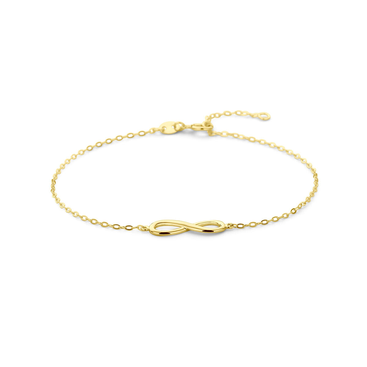 Bracciale in oro giallo 14K con simbolo dell'infinito centrale.