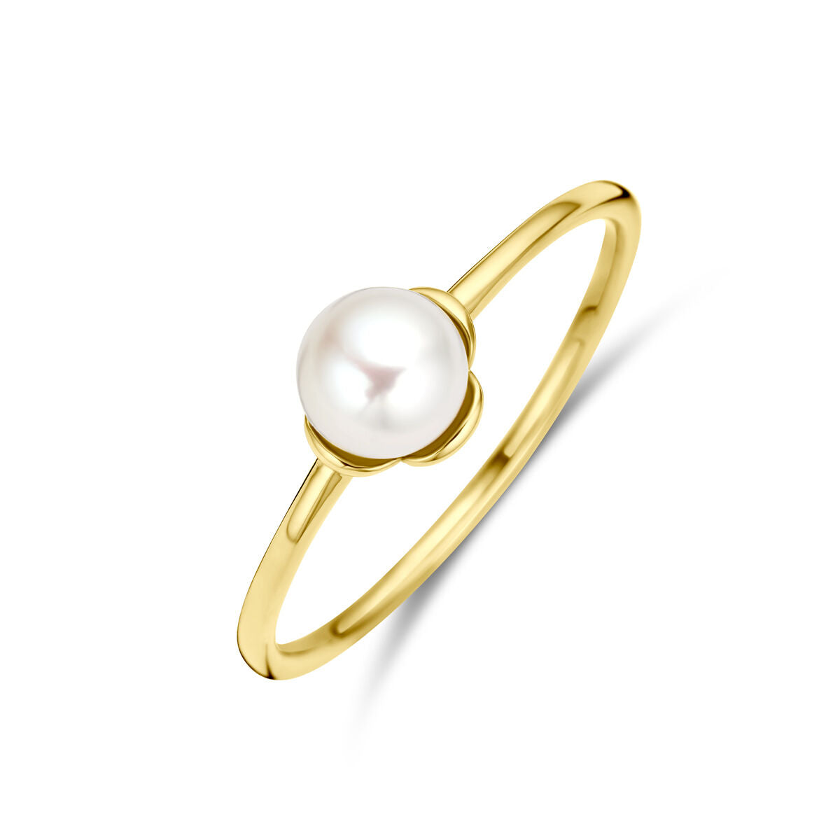 anello in oro giallo 14K con una perla centrale a forma di fiore
