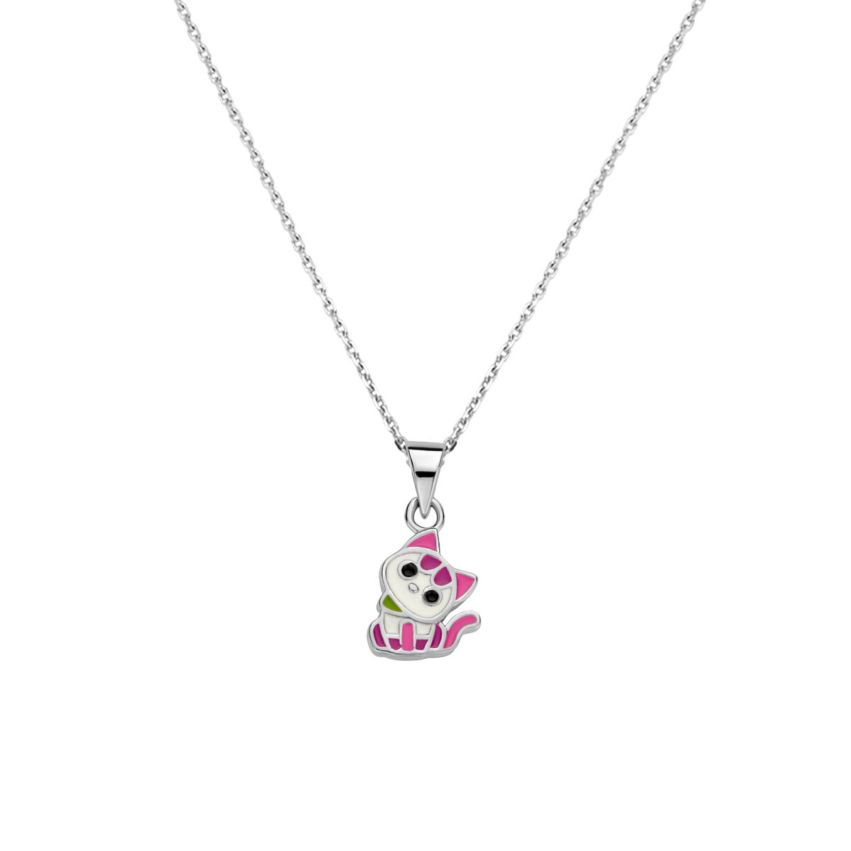 Collana con ciondolo a forma di gatto, argento rodiato, dettagli rosa e occhi brillanti.