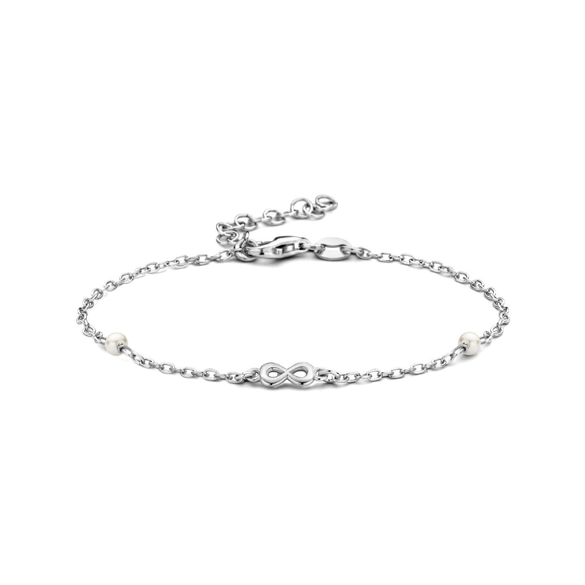 Bracciale in argento rodiato con simbolo dell'infinito e perle sintetiche, lunghezza 16 + 3 cm.