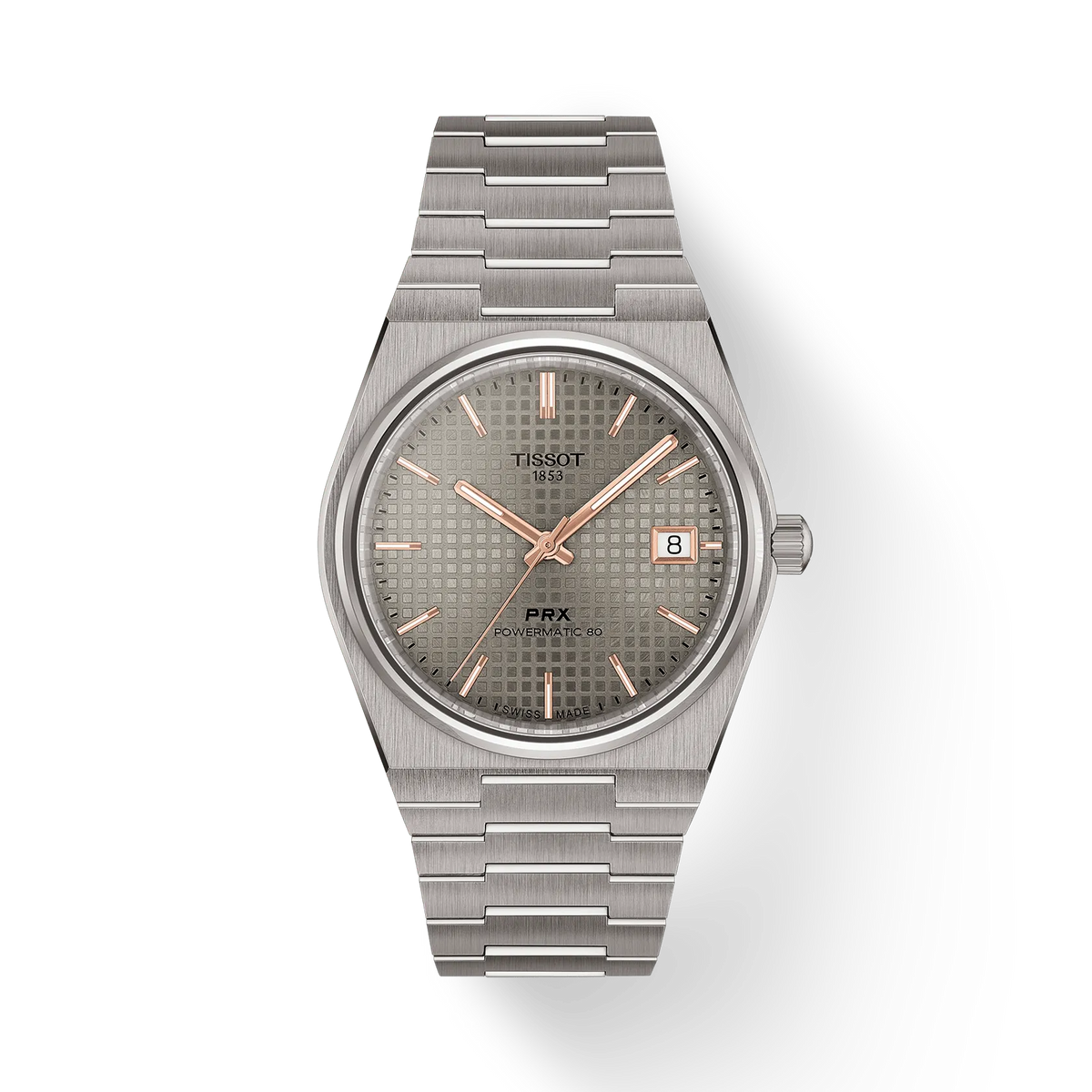 Orologio Tissot PRX in titanio da 38mm con quadrante grigio e bracciale a maglia rolò.