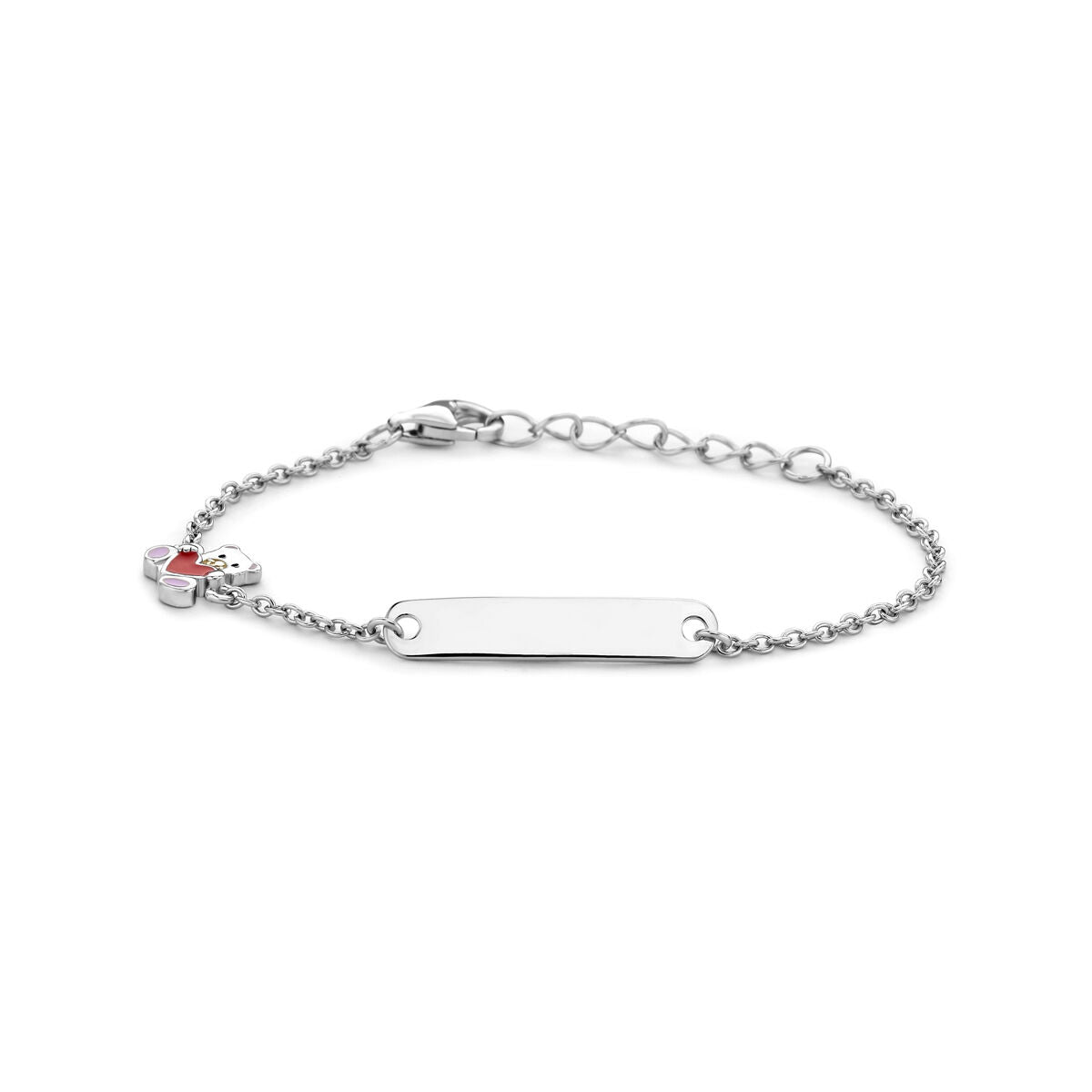 Bracciale in argento rodiato con ciondolo a forma di orsetto e cuore, piastrina liscia.