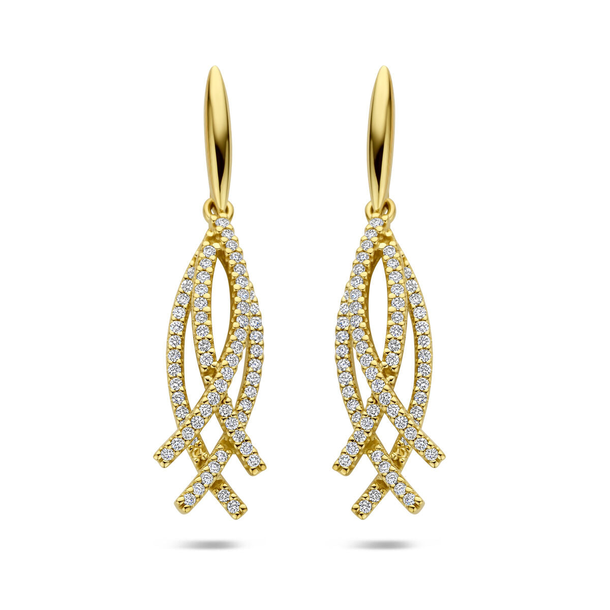 Orecchini in oro giallo 14k con diamanti, design a forma di foglia con dettagli scintillanti.