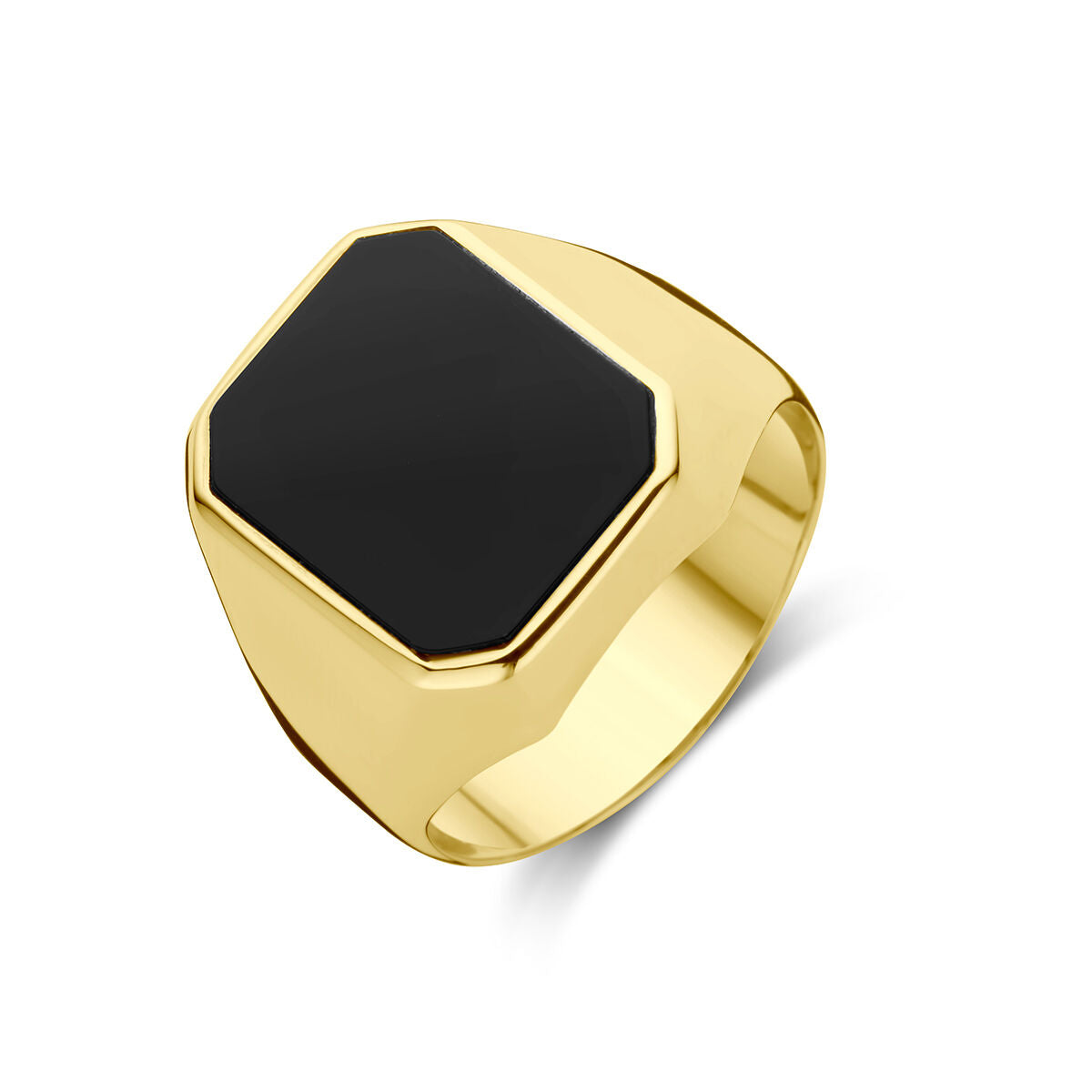 Anello con sigillo in oro giallo 14K con pietra onice nera.